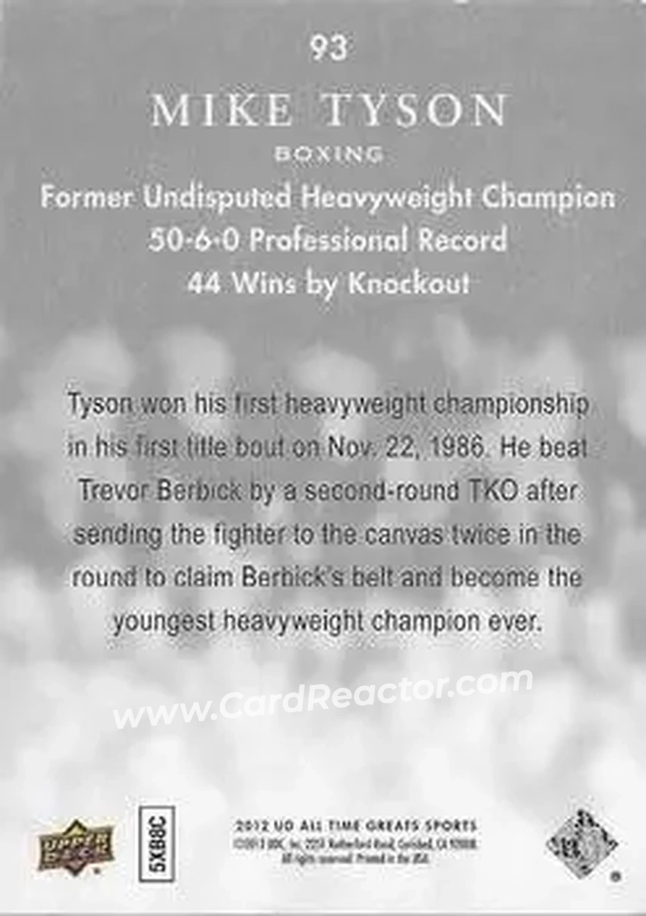 2012 Upper Deck All-Time Greats #93 - Mike Tyson - Back 2012 Upper Deck All-Time Greats #93 - Mike Tyson - Back