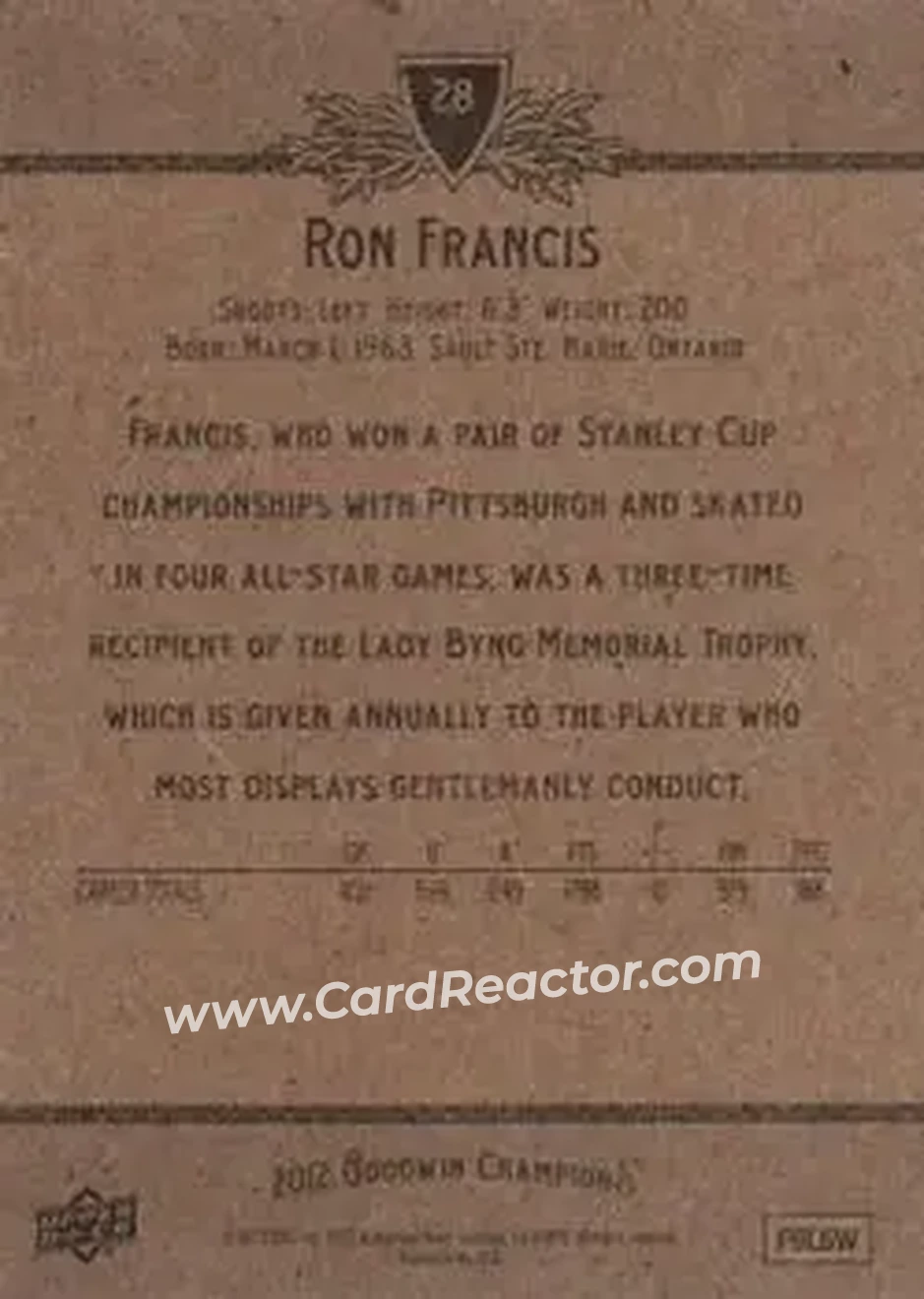 2012 Upper Deck Goodwin Champions #28 - Ron Francis - Back 2012 Upper Deck Goodwin Champions #28 - Ron Francis - Back