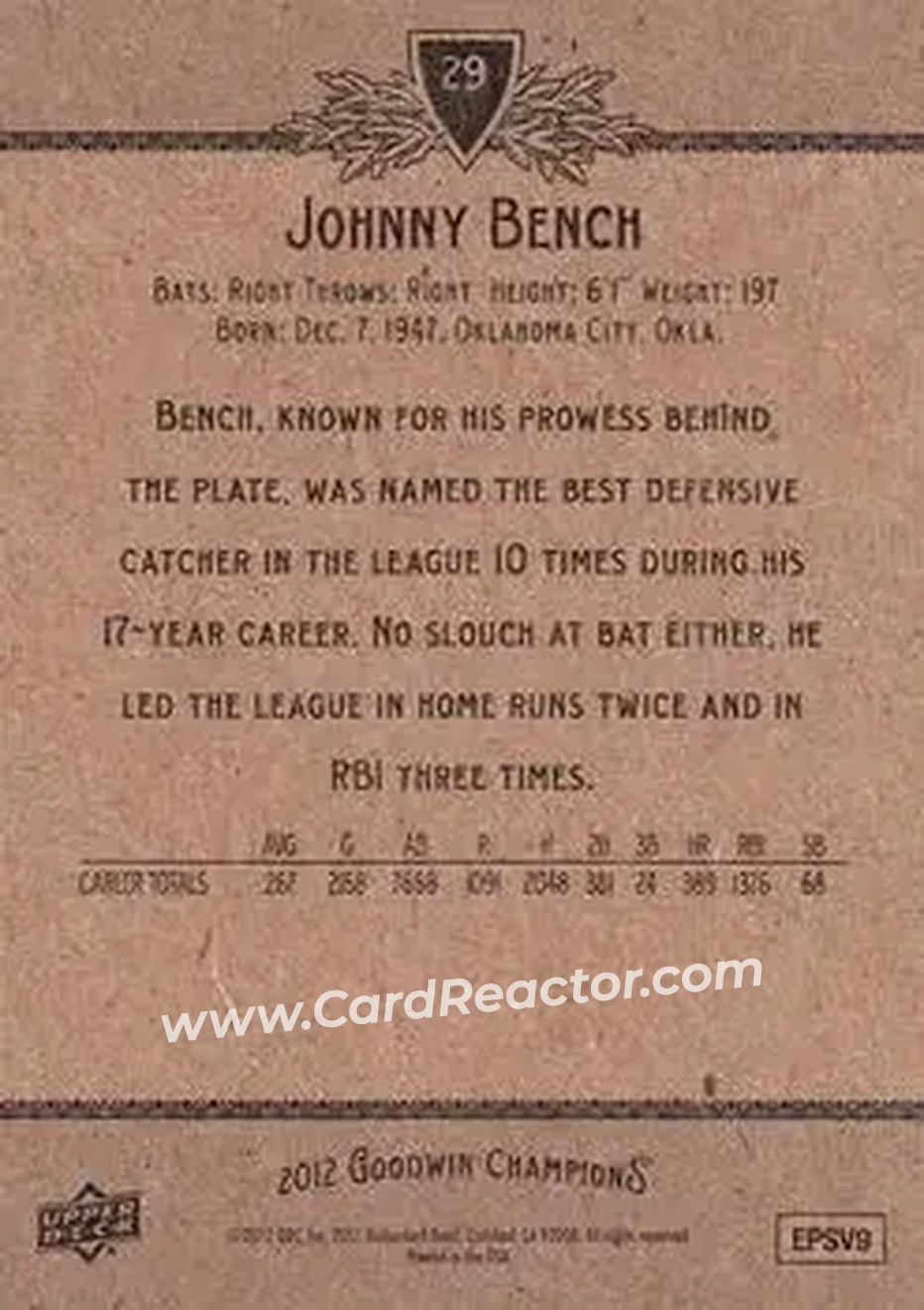 2012 Upper Deck Goodwin Champions #29 - Johnny Bench - Back 2012 Upper Deck Goodwin Champions #29 - Johnny Bench - Back