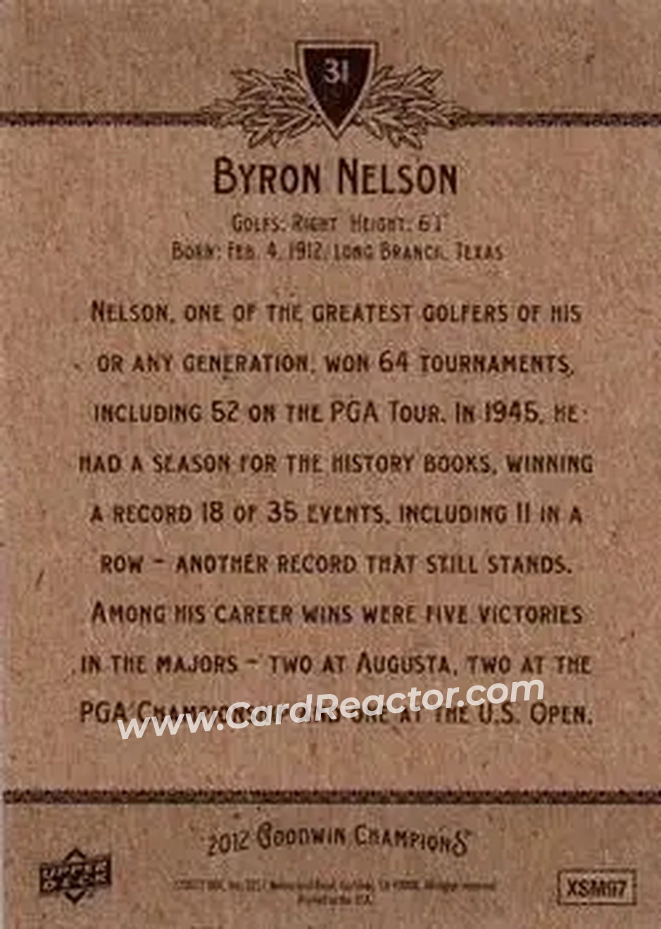 2012 Upper Deck Goodwin Champions #31 - Byron Nelson - Back