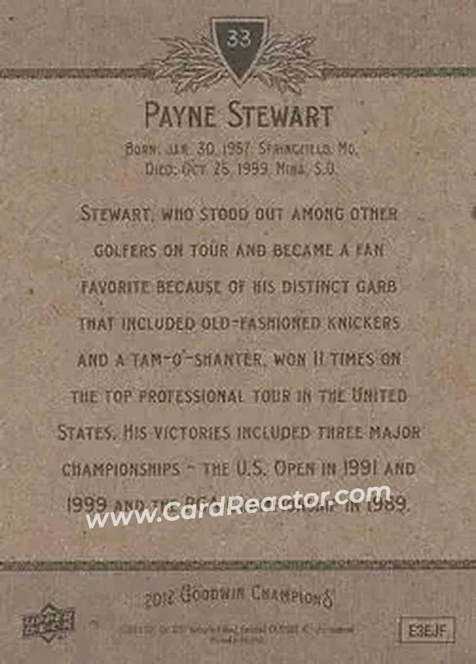 2012 Upper Deck Goodwin Champions #33 - Payne Stewart - Back