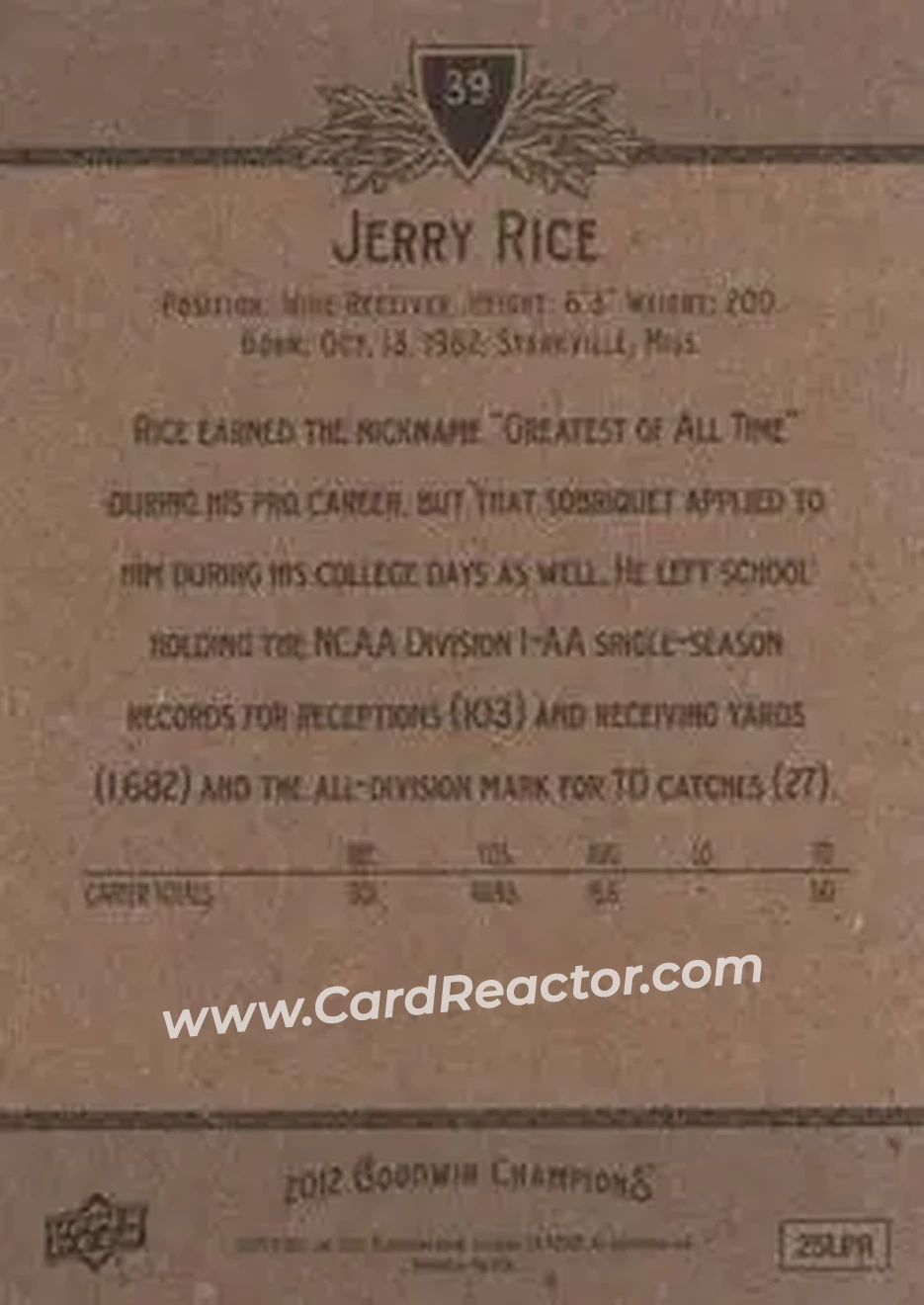 2012 Upper Deck Goodwin Champions #39 - Jerry Rice - Back 2012 Upper Deck Goodwin Champions #39 - Jerry Rice - Back
