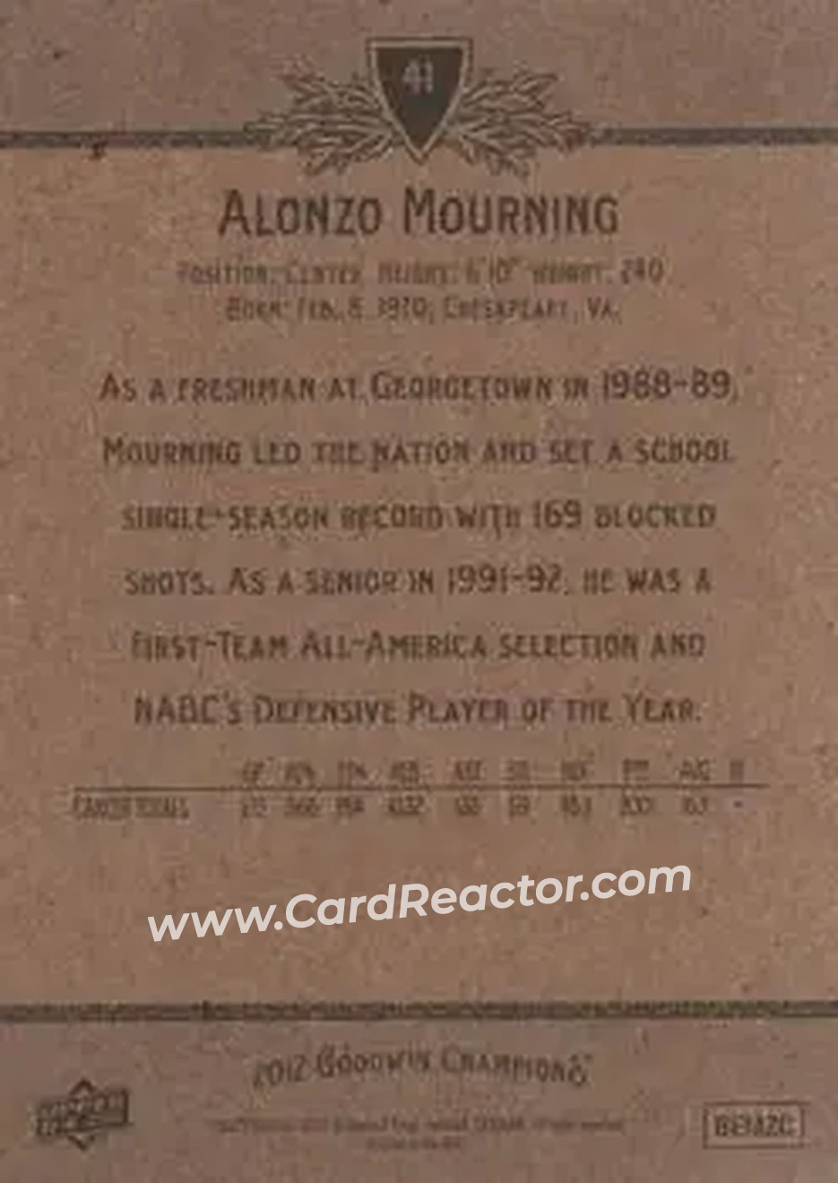 2012 Upper Deck Goodwin Champions #41 - Alonzo Mourning - Back 2012 Upper Deck Goodwin Champions #41 - Alonzo Mourning - Back