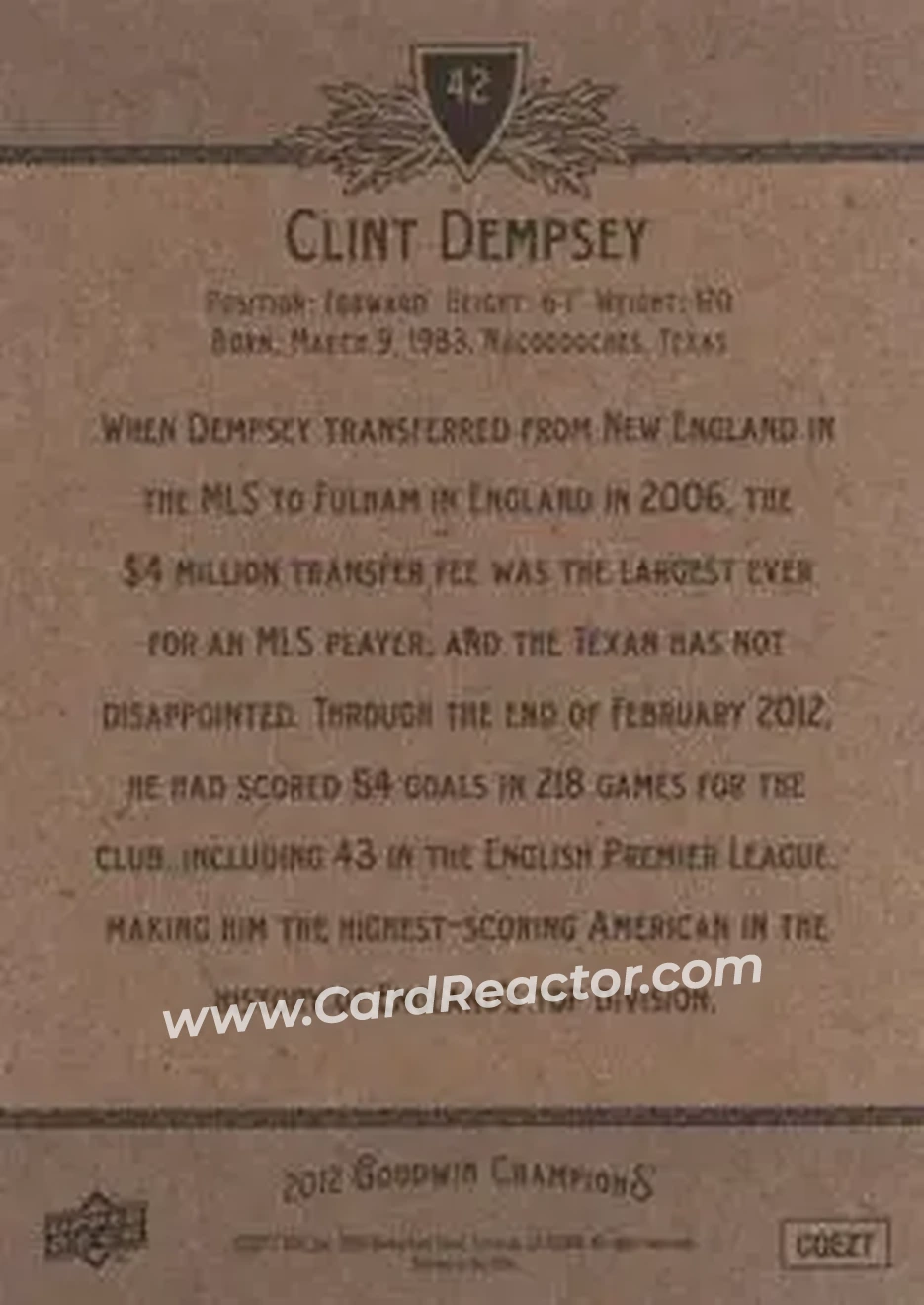 2012 Upper Deck Goodwin Champions #42 - Clint Dempsey - Back