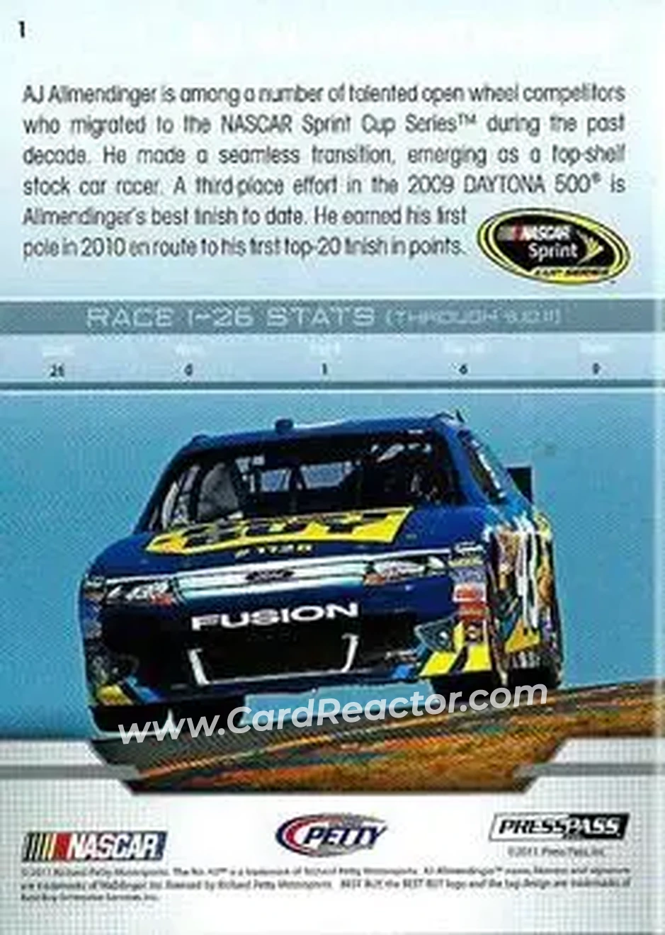 2012 Press Pass #1 - AJ Allmendinger - Richard Petty Motorsports - Back