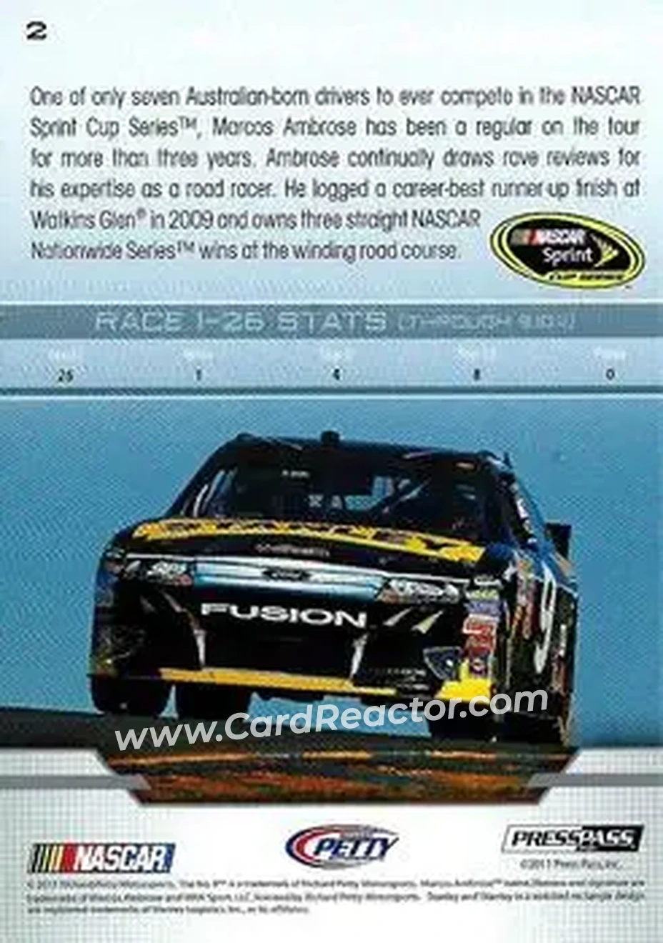 2012 Press Pass #2 - Marcos Ambrose - Richard Petty Motorsports - Back