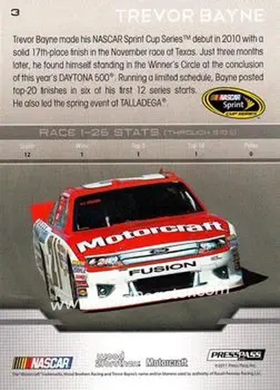 2012 Press Pass #3 - Trevor Bayne - Wood Brothers Racing - Back