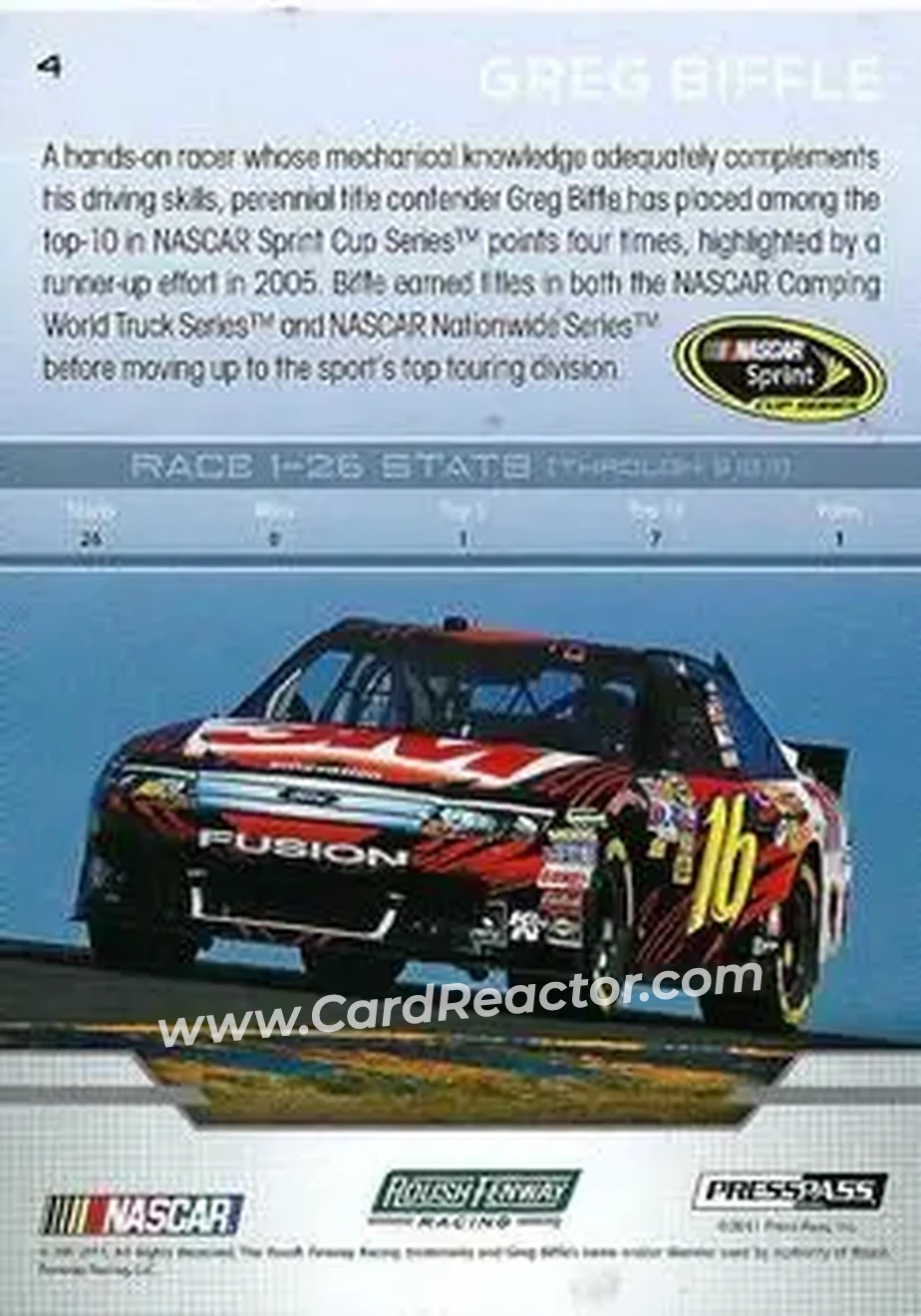 2012 Press Pass #4 - Greg Biffle - Roush Fenway Racing - Back