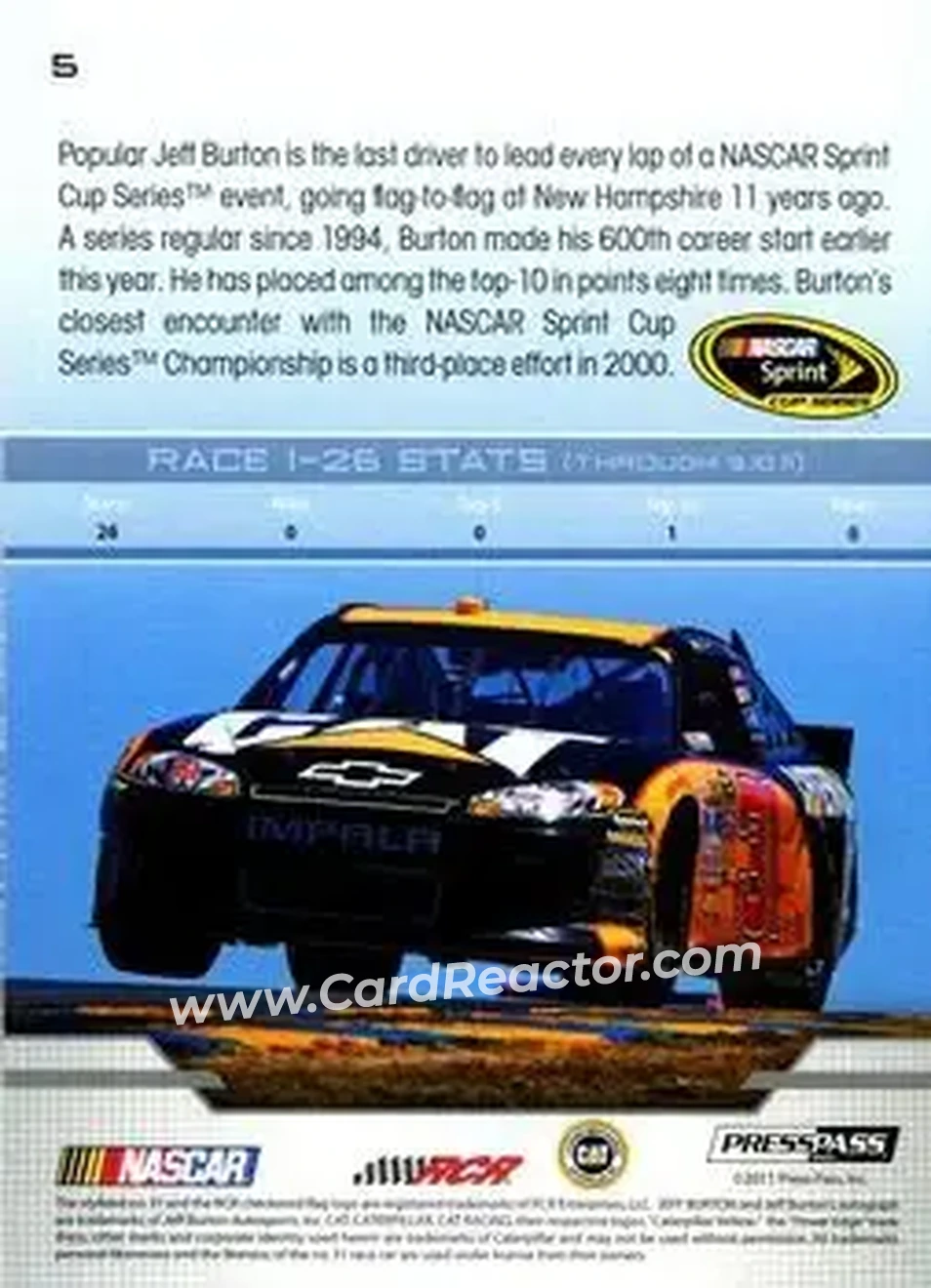2012 Press Pass #5 - Jeff Burton - Richard Childress Racing - Back
