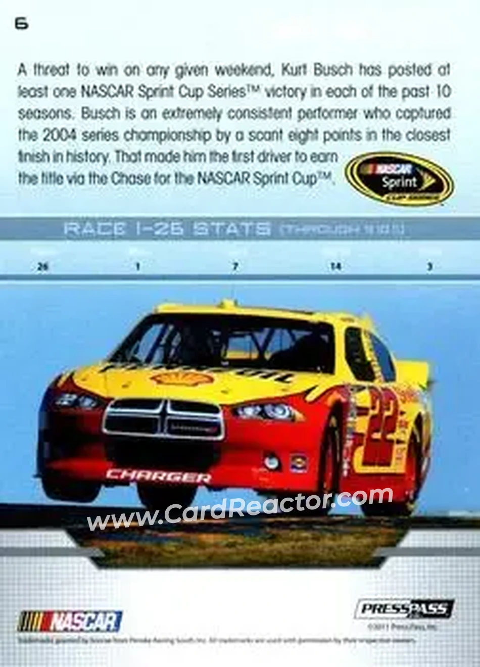 2012 Press Pass #6 - Kurt Busch - Penske Racing South - Back