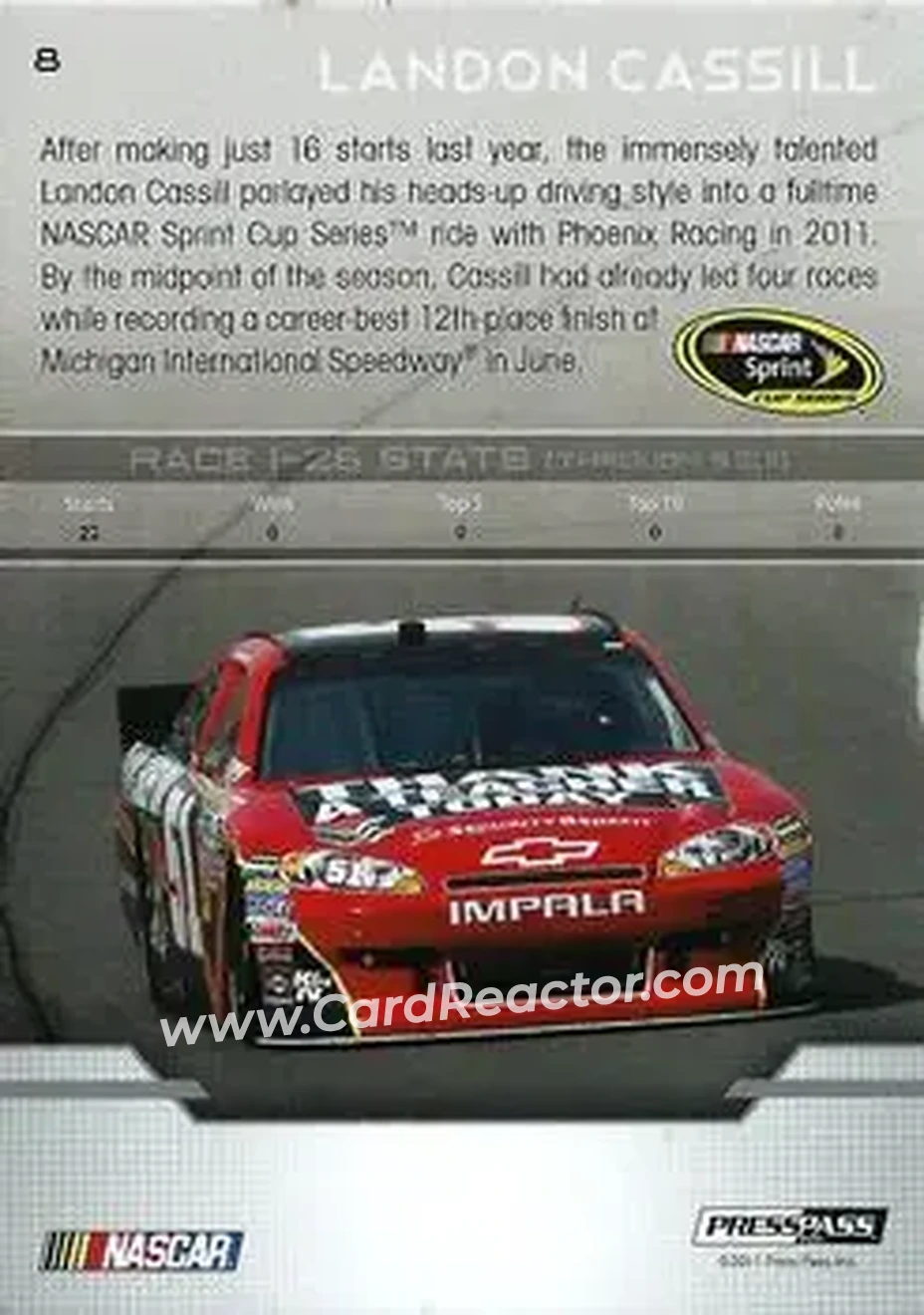 2012 Press Pass #8 - Landon Cassill - Phoenix Racing - Back