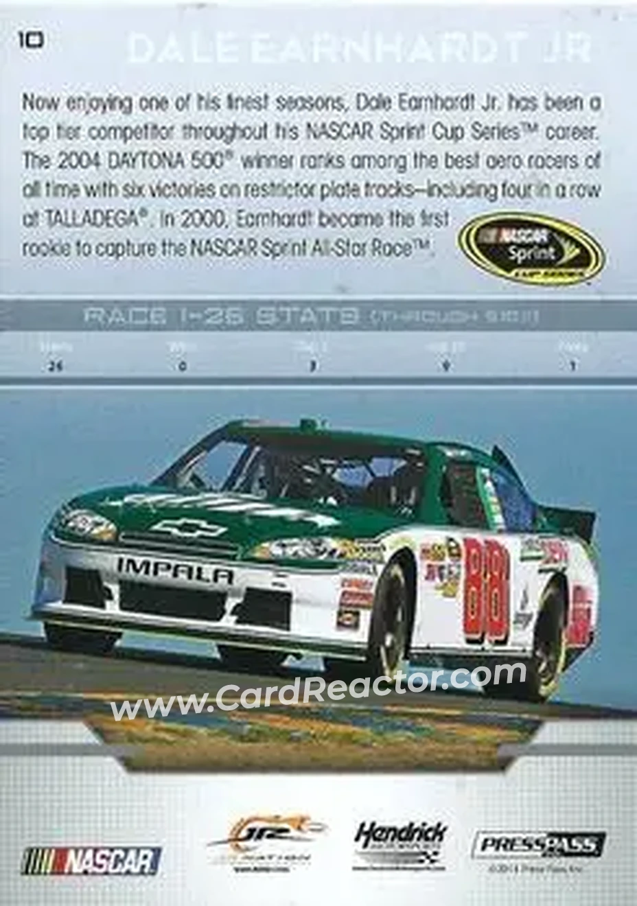 2012 Press Pass #10 - Dale Earnhardt Jr - Hendrick Motorsports - Back