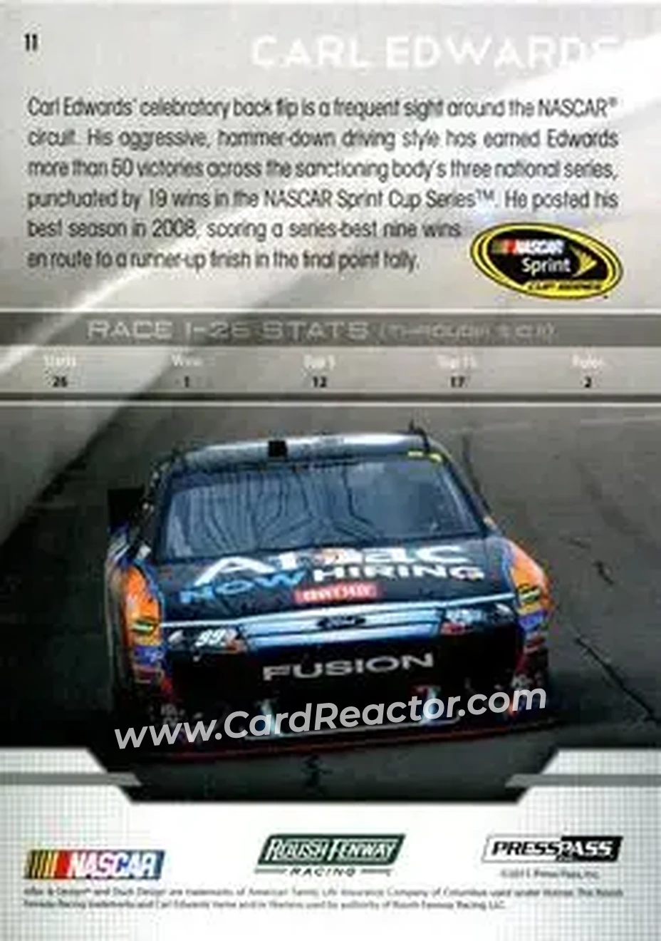 2012 Press Pass #11 - Carl Edwards - Roush Fenway Racing - Back