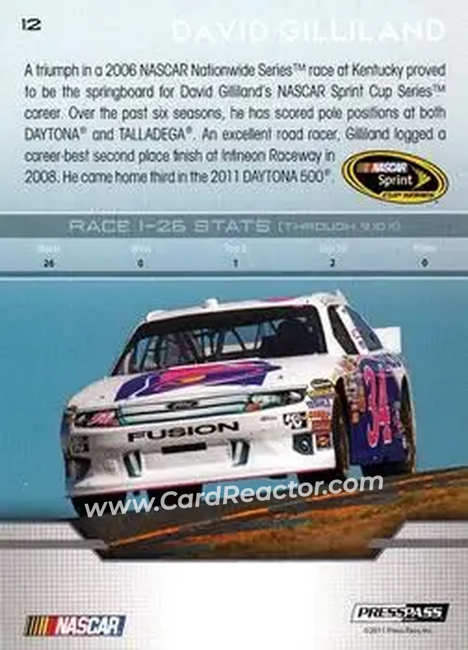 2012 Press Pass #12 - David Gilliland - Front Row Motorsports - Back