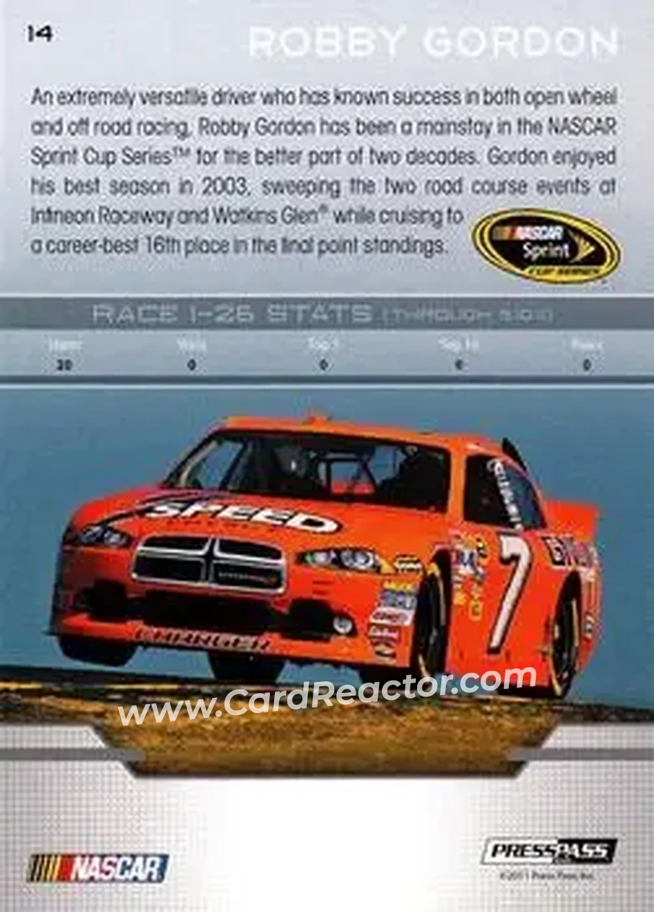 2012 Press Pass #14 - Robby Gordon - Robby Gordon Motorsports - Back