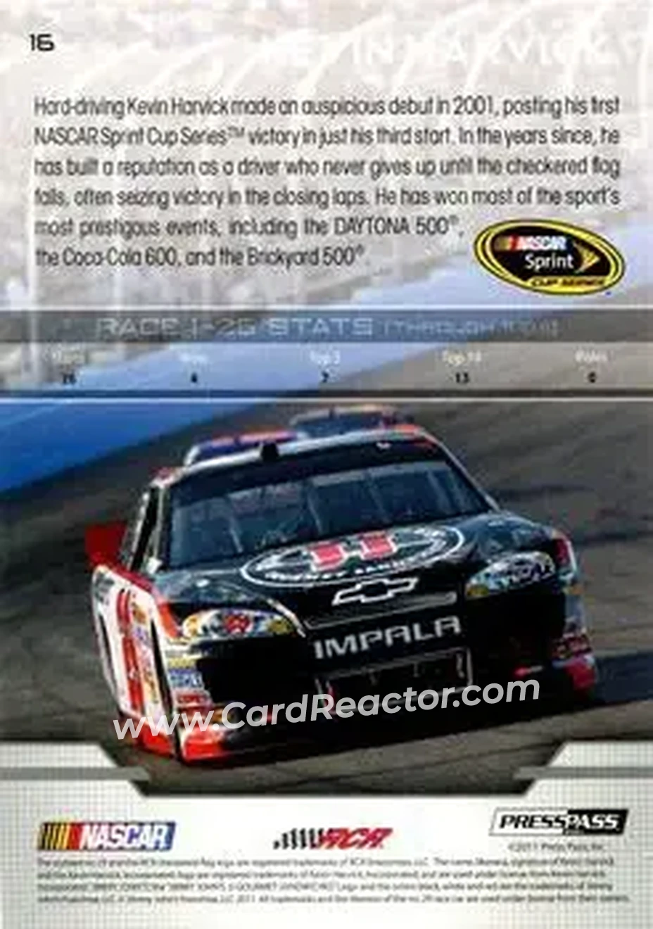 2012 Press Pass #16 - Kevin Harvick - Richard Childress Racing - Back