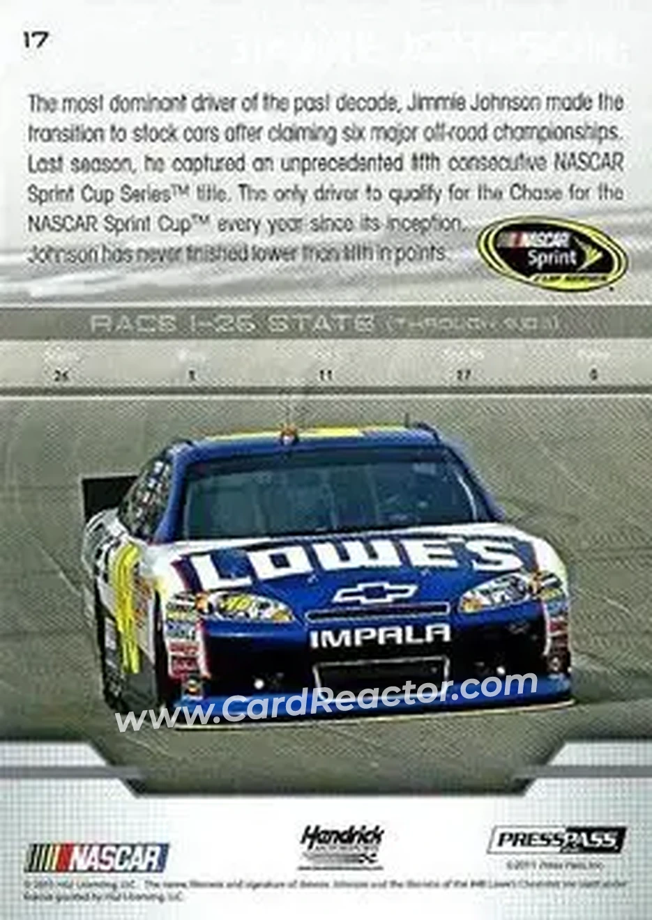 2012 Press Pass #17 - Jimmie Johnson - Hendrick Motorsports - Back 2012 Press Pass #17 - Jimmie Johnson - Hendrick Motorsports - Back