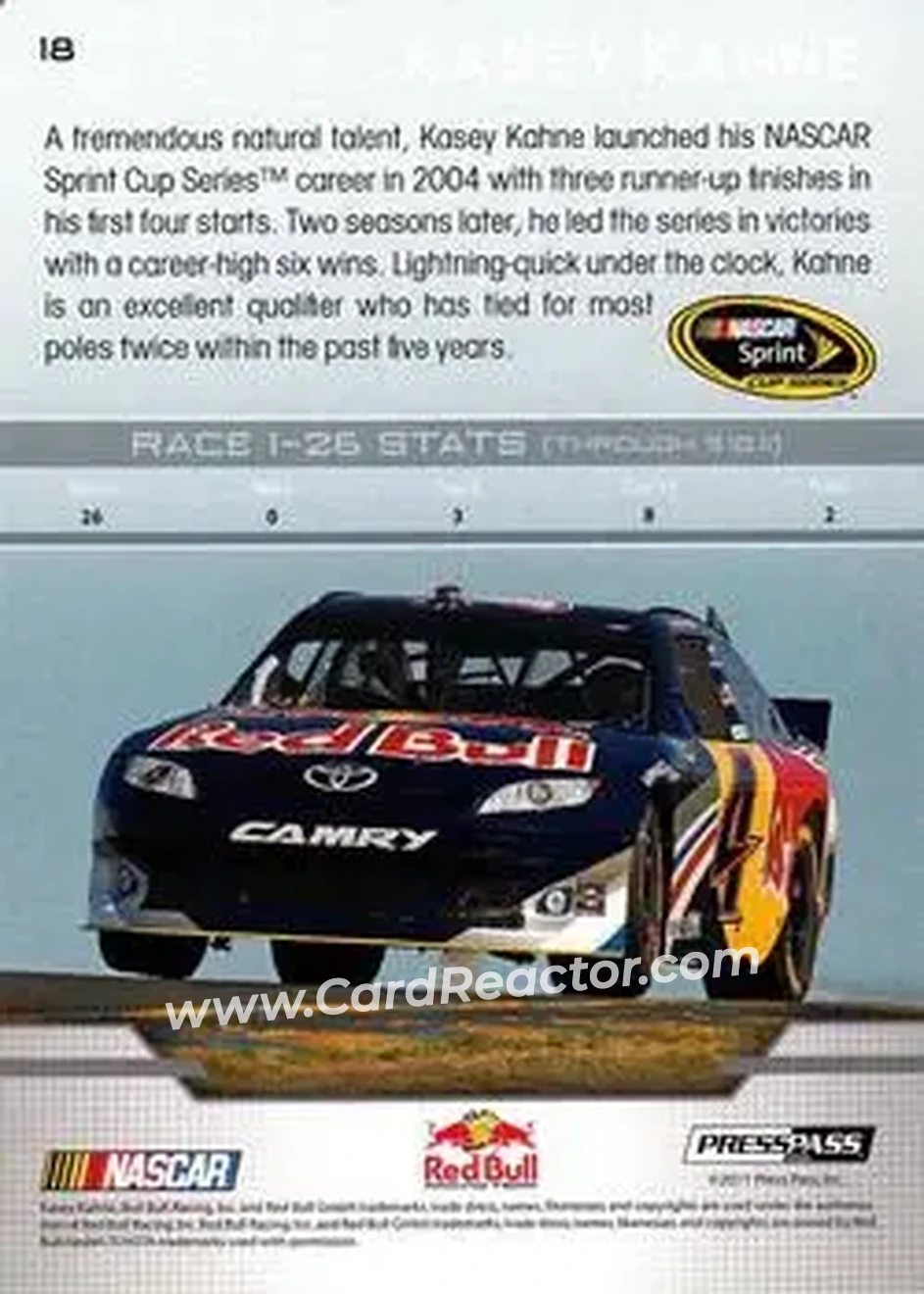 2012 Press Pass #18 - Kasey Kahne - Red Bull Racing Team - Back