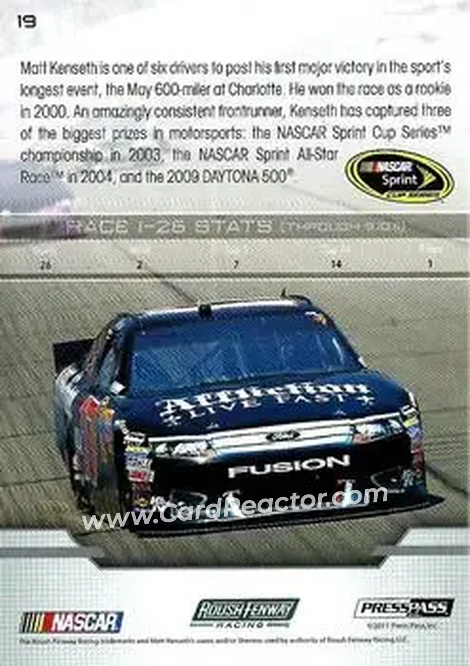 2012 Press Pass #19 - Matt Kenseth - Roush Fenway Racing - Back