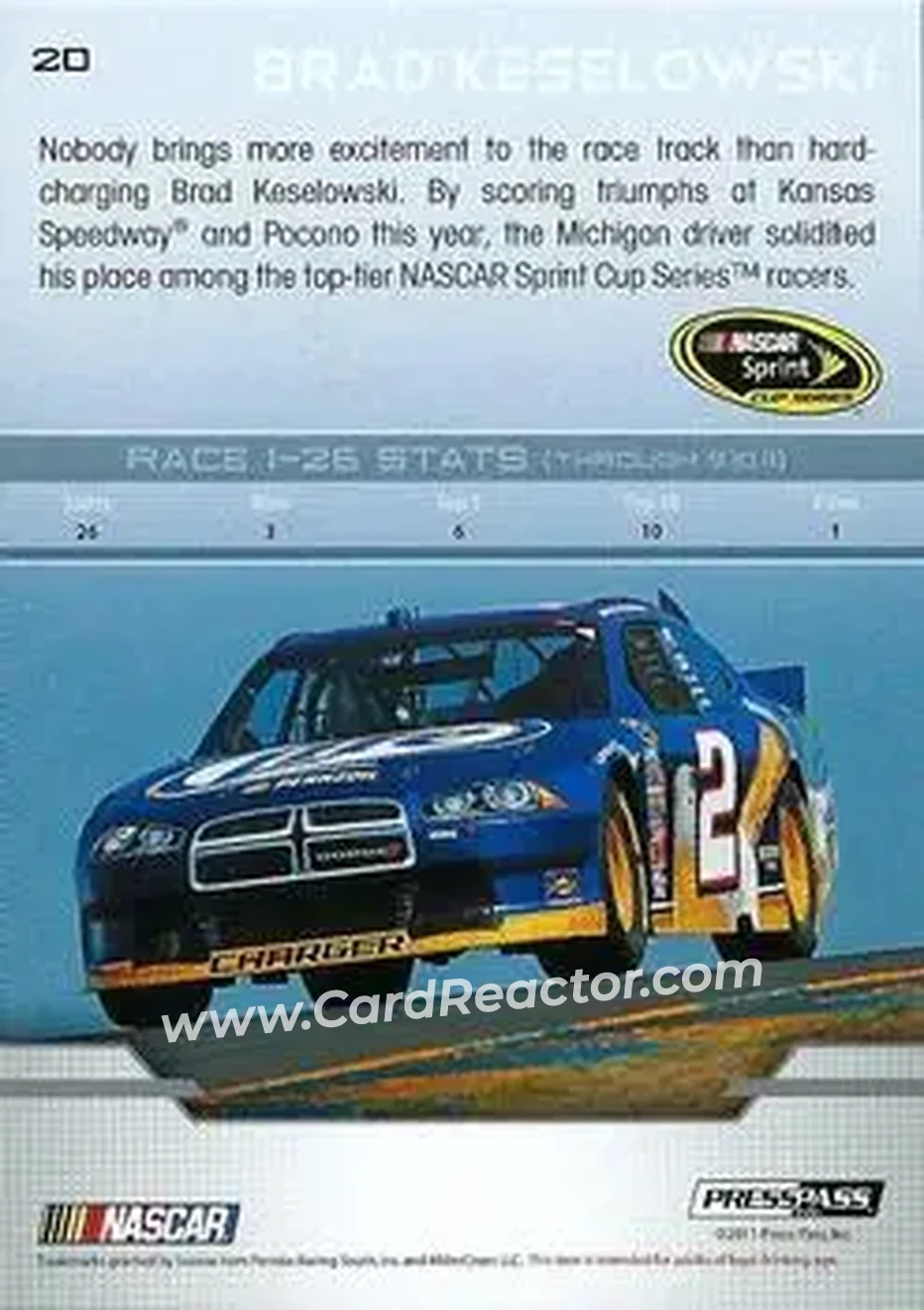 2012 Press Pass #20 - Brad Keselowski - Penske Racing South - Back