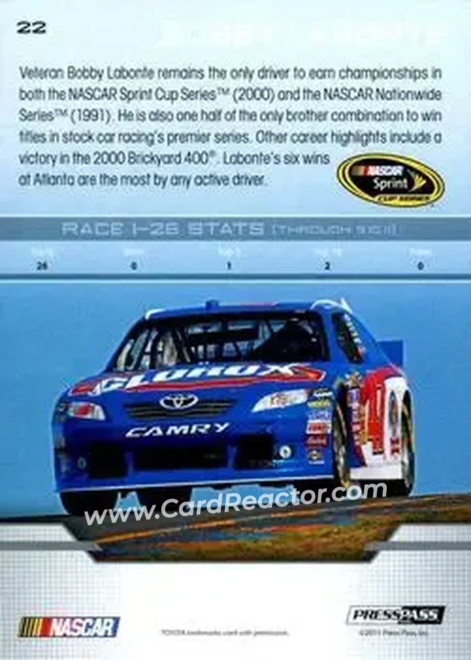 2012 Press Pass #22 - Bobby Labonte - JTG Daugherty Racing - Back