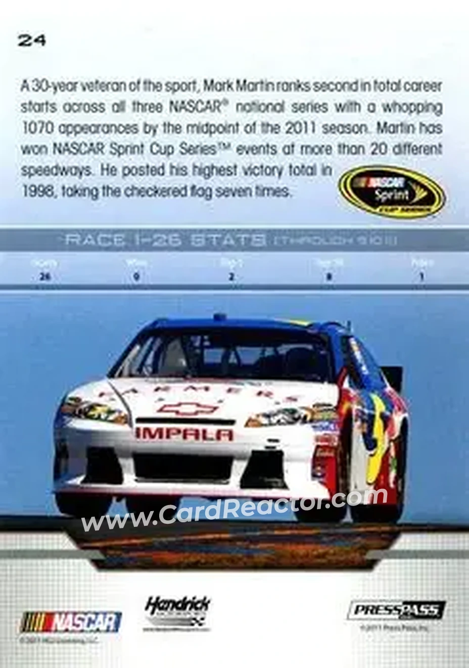 2012 Press Pass #24 - Mark Martin - Hendrick Motorsports - Back