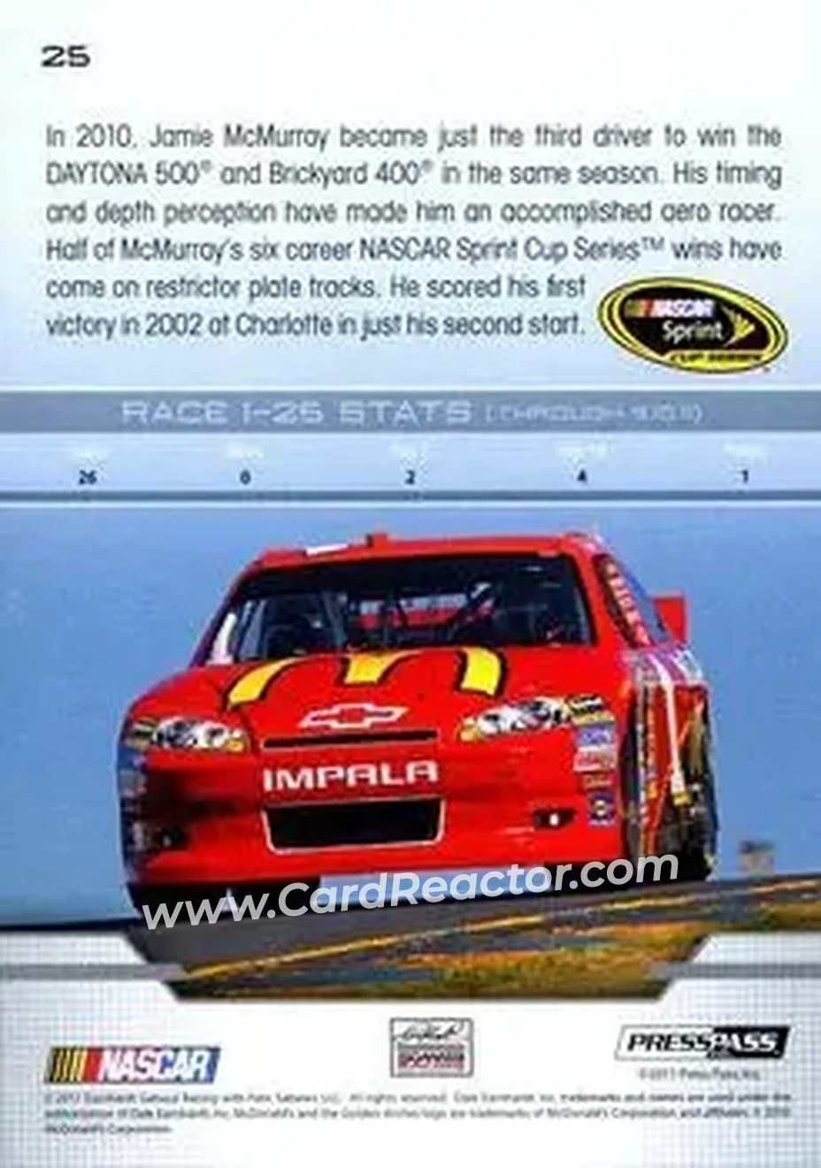 2012 Press Pass #25 - Jamie McMurray - Earnhardt-Ganassi Racing - Back