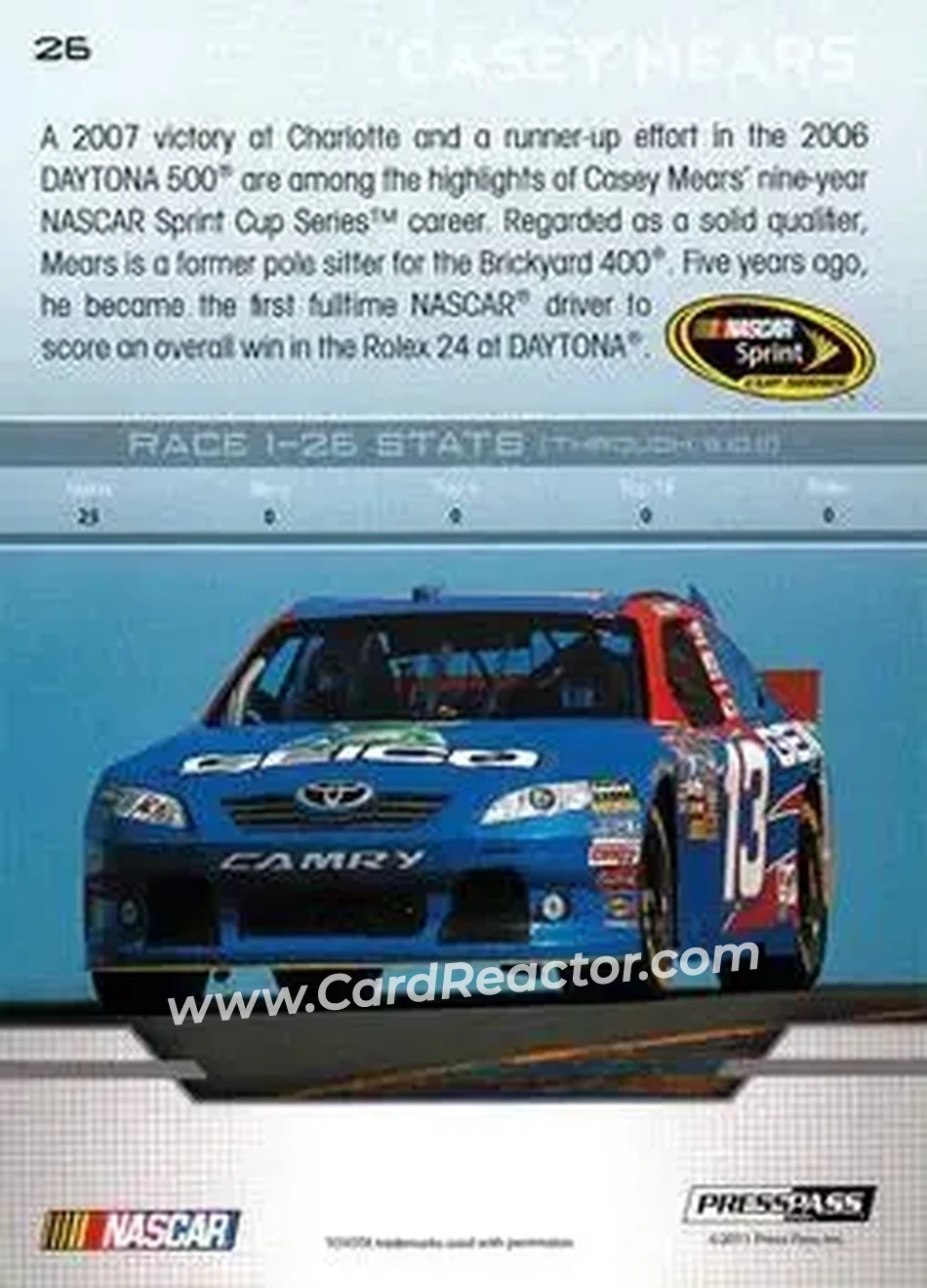 2012 Press Pass #26 - Casey Mears - Germain Racing - Back