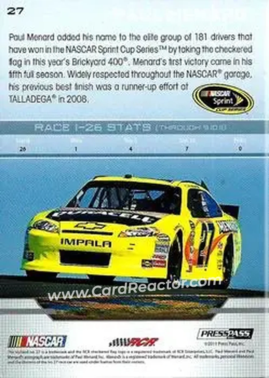 2012 Press Pass #27 - Paul Menard - Richard Childress Racing - Back