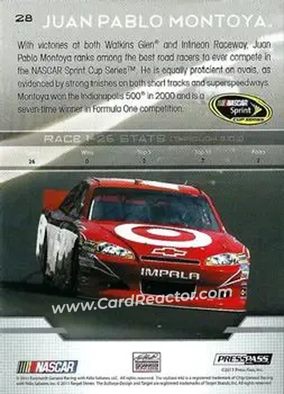 2012 Press Pass #28 - Juan Pablo Montoya - Earnhardt-Ganassi Racing - Back