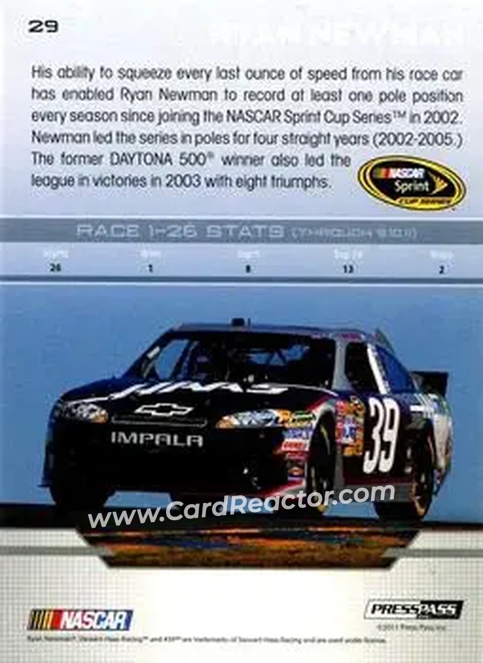 2012 Press Pass #29 - Ryan Newman - Stewart-Haas Racing - Back
