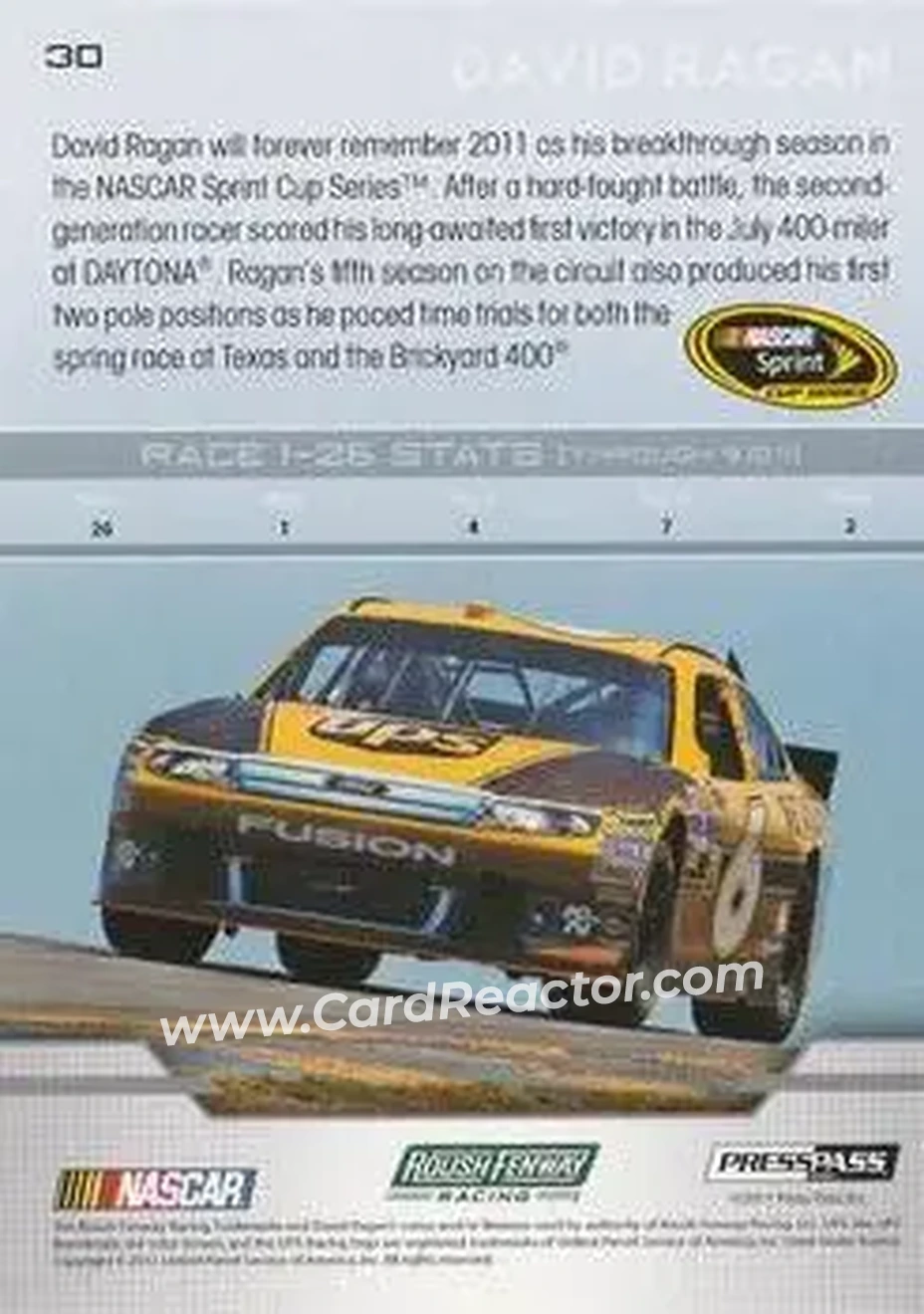 2012 Press Pass #30 - David Ragan - Roush Fenway Racing - Back
