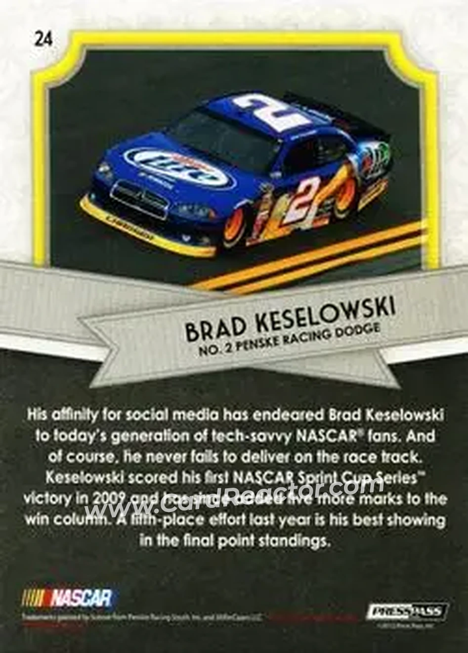 2012 Press Pass Fanfare #24 - Brad Keselowski - Penske Racing South - Back
