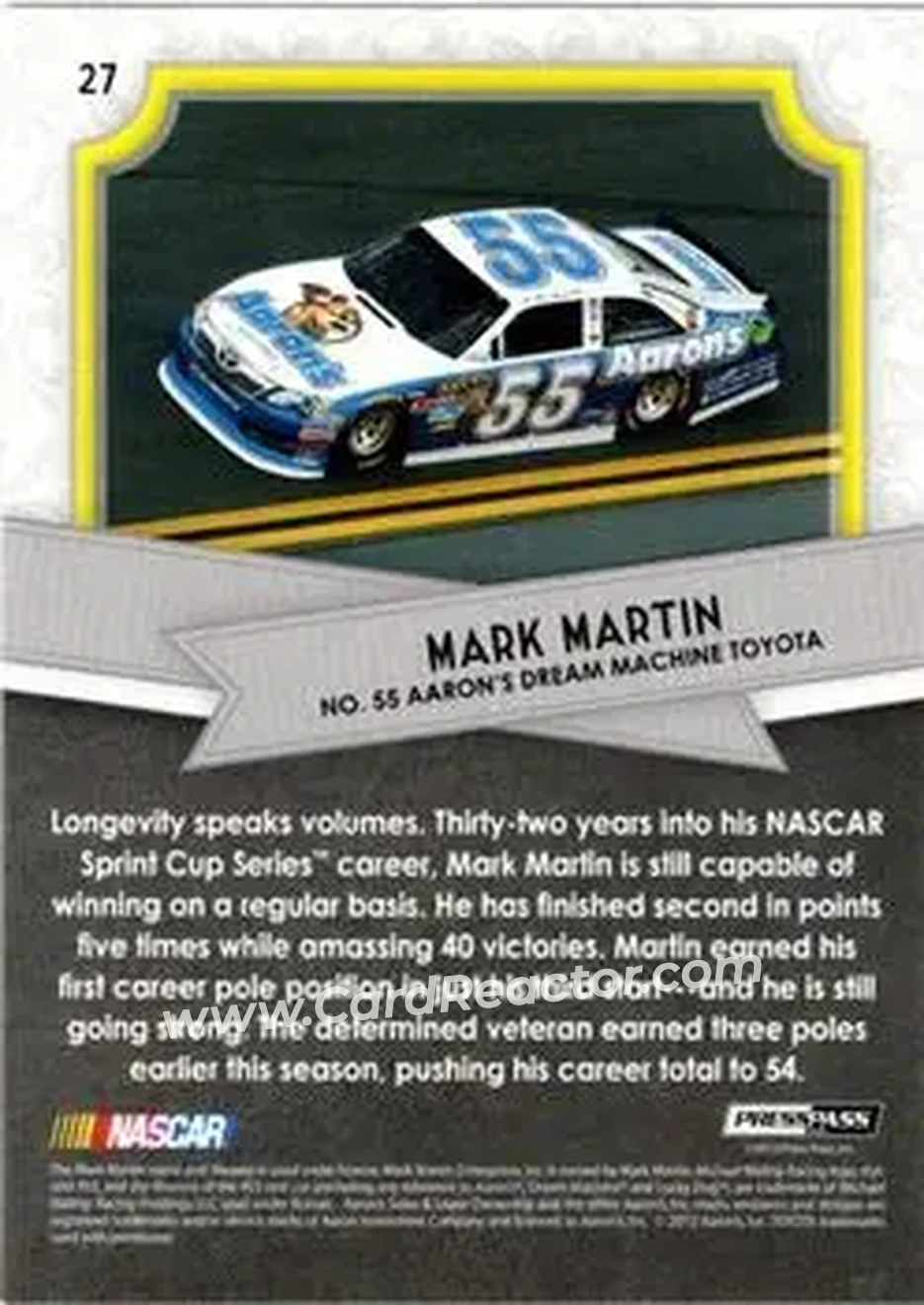 2012 Press Pass Fanfare #27 - Mark Martin - Hendrick Motorsports - Back