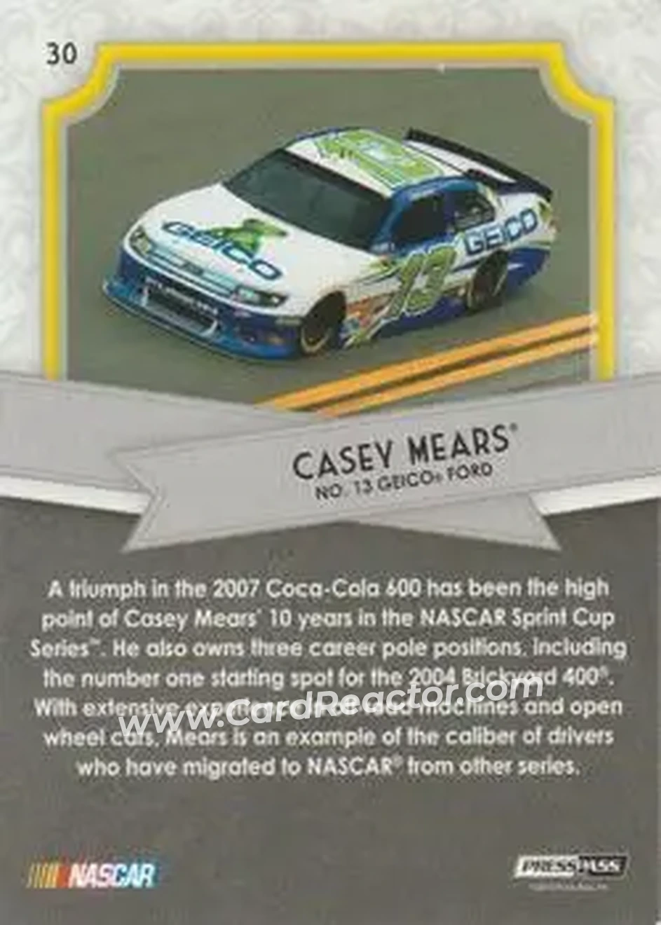 2012 Press Pass Fanfare #30 - Casey Mears - Germain Racing - Back