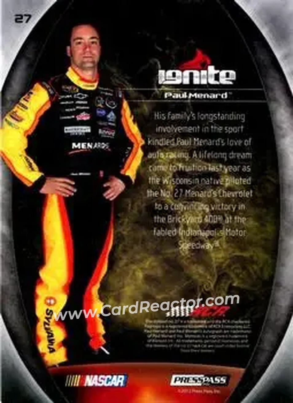 2012 Press Pass Ignite #27 - Paul Menard - Richard Childress Racing - Back