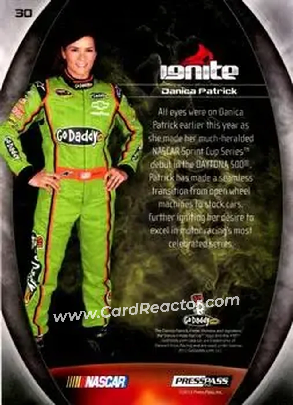 2012 Press Pass Ignite #30 - Danica Patrick - Stewart-Haas Racing - Back
