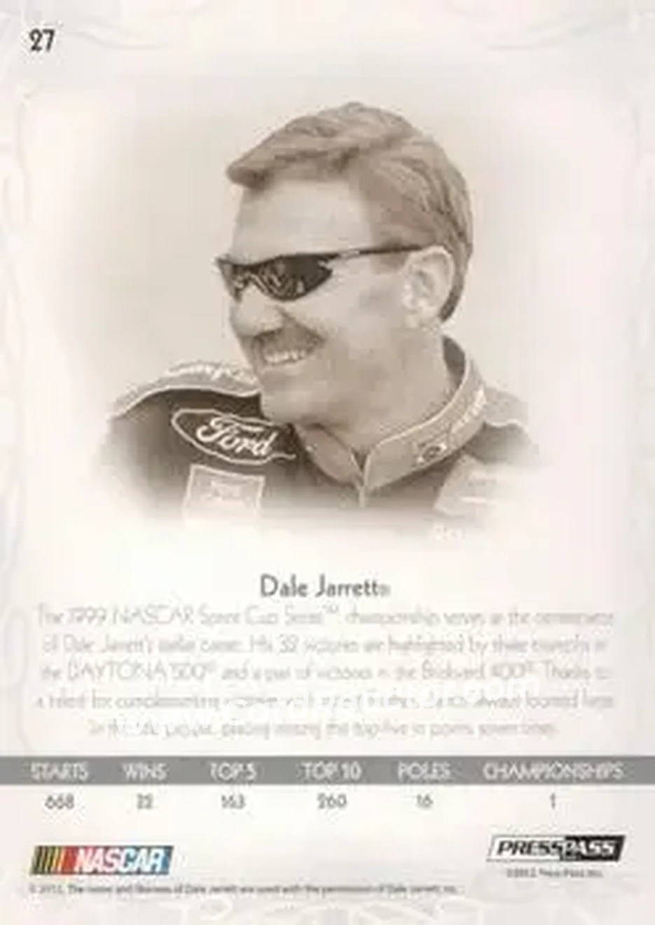 2012 Press Pass Showcase #27 - Dale Jarrett - Robert Yates Racing - Back