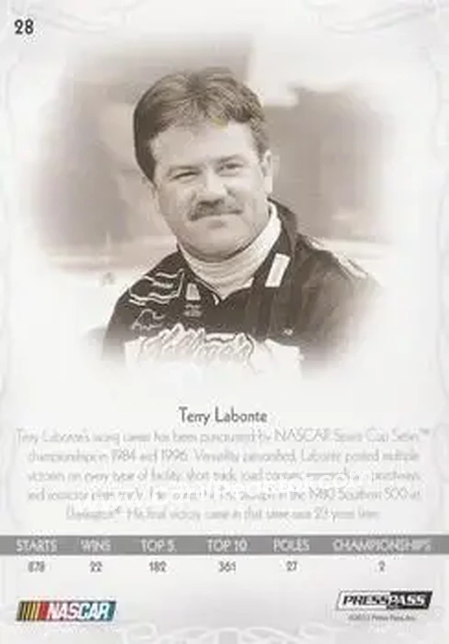 2012 Press Pass Showcase #28 - Terry Labonte - Hendrick Motorsports - Back