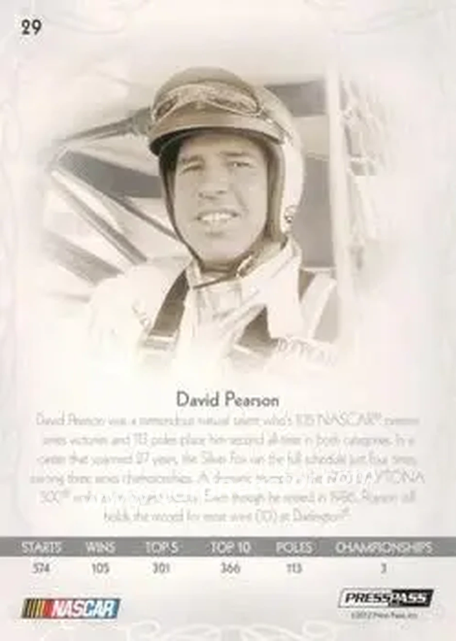 2012 Press Pass Showcase #29 - David Pearson - Wood Brothers Racing - Back