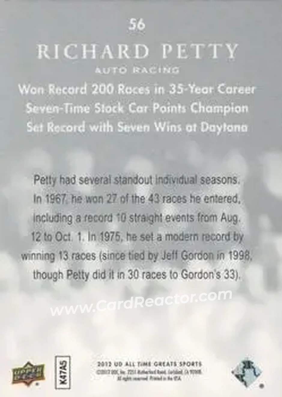 2012 Upper Deck All-Time Greats - Silver Spectrum #56 - Richard Petty - Back