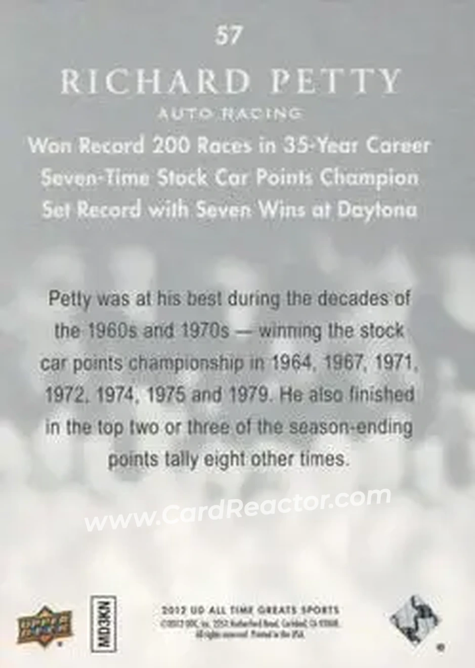 2012 Upper Deck All-Time Greats - Silver Spectrum #57 - Richard Petty - Back