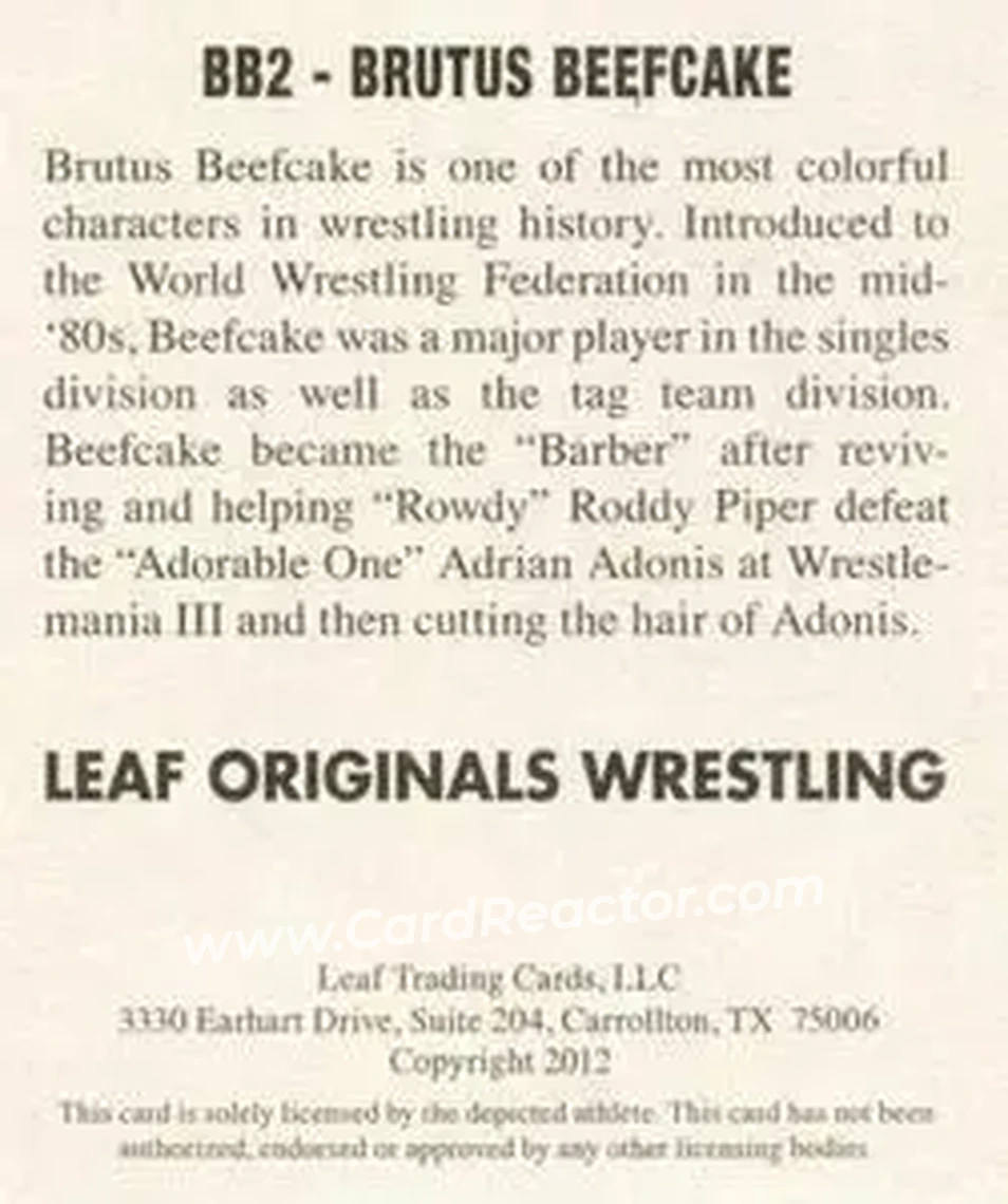 2012 Leaf Originals #BB2 - Brutus "The Barber" Beefcake - Back