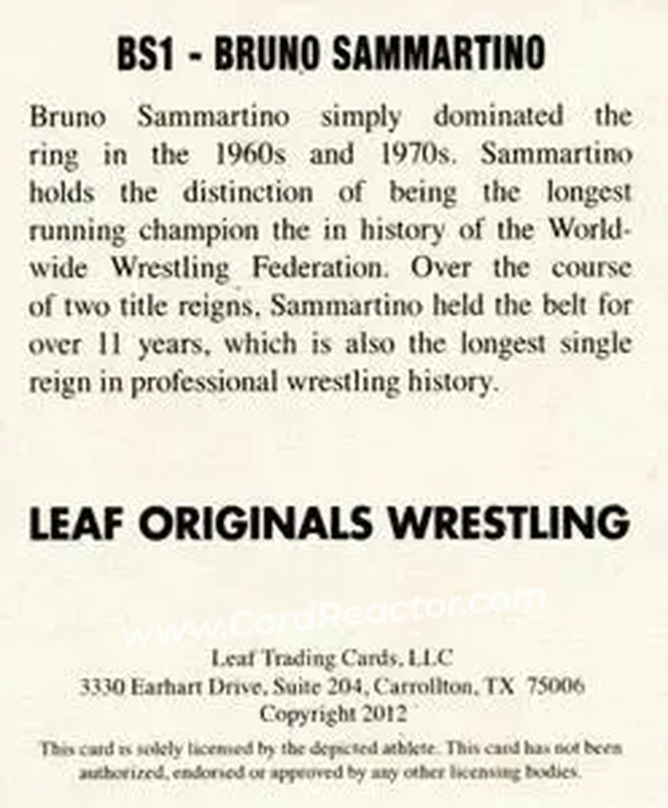 2012 Leaf Originals #BS1 - Bruno Sammartino - Back