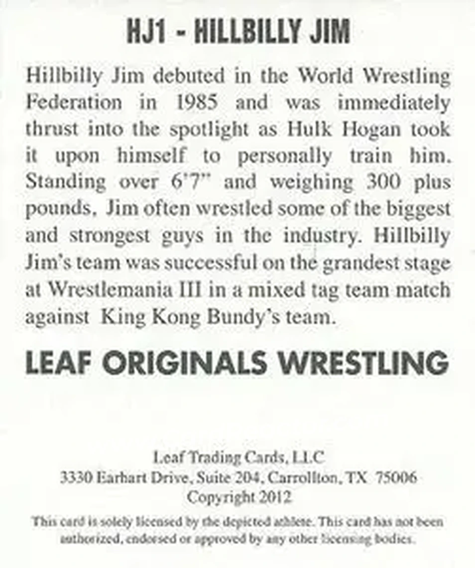 2012 Leaf Originals #HJ1 - Hillbilly Jim - Back