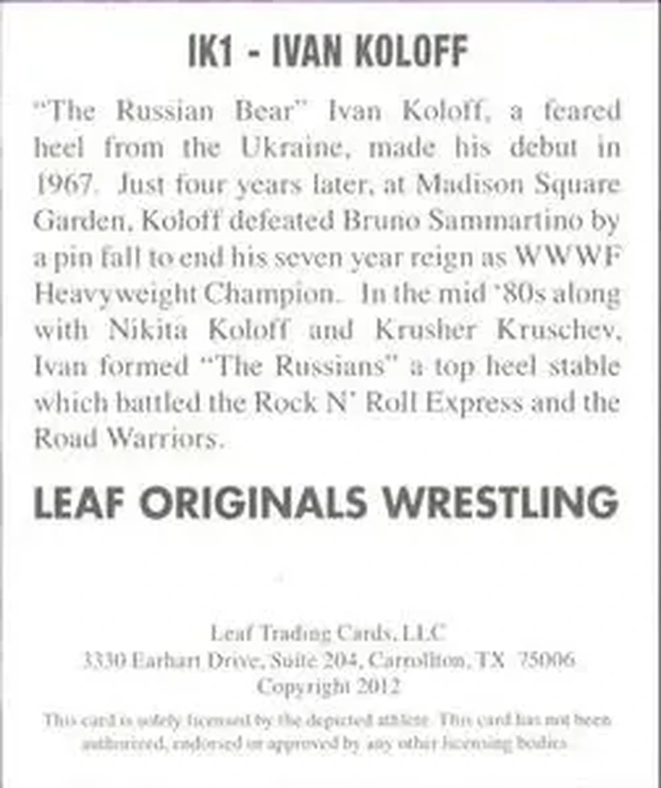 2012 Leaf Originals #IK1 - Ivan Koloff - Back