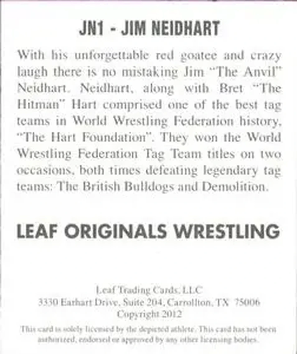 2012 Leaf Originals #JN1 - Jim "The Anvil" Neidhart - Back