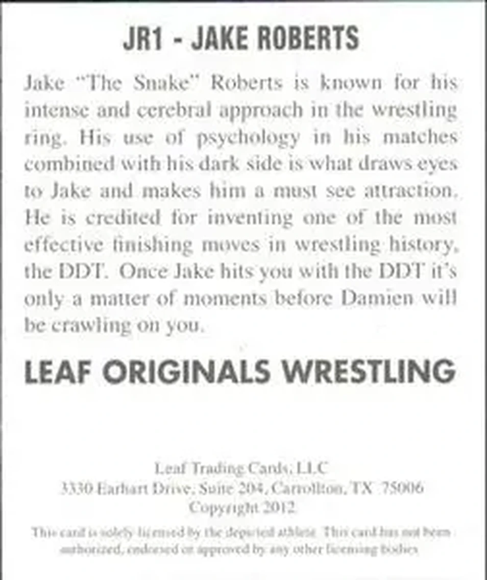 2012 Leaf Originals #JR1 - Jake "The Snake" Roberts - Back