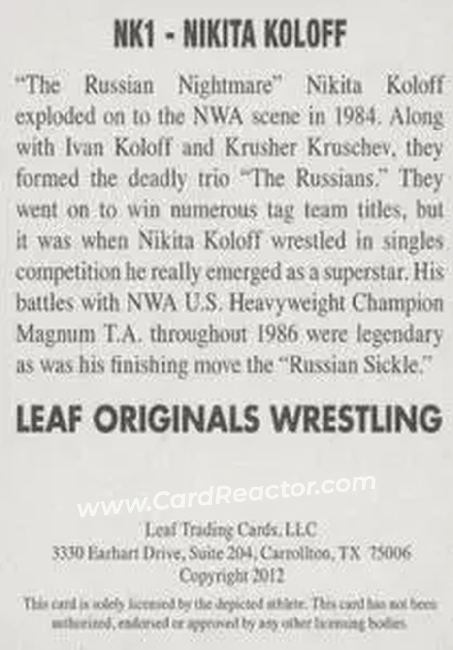 2012 Leaf Originals #NK1 - Nikita Koloff - Back