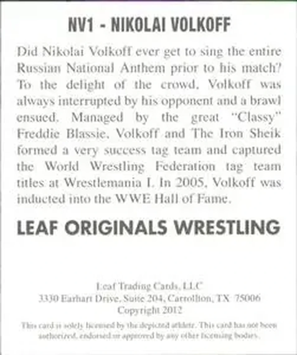 2012 Leaf Originals #NV1 - Nikolai Volkoff - Back